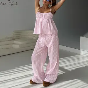 Women's 2 Piece Striped Outfits Button Up Camisole Tops with Wide Leg Gingham Pants Vacation Outfits