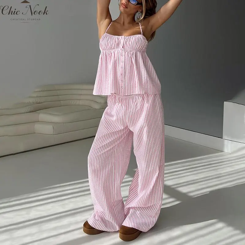 Women's 2 Piece Striped Outfits Button Up Camisole Tops with Wide Leg Gingham Pants Vacation Outfits