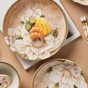 3-Piece Set Ceramic Plates, Japanese Camellia Pattern Design, Ideal for Dining & Family Gatherings, Perfect for Home Use