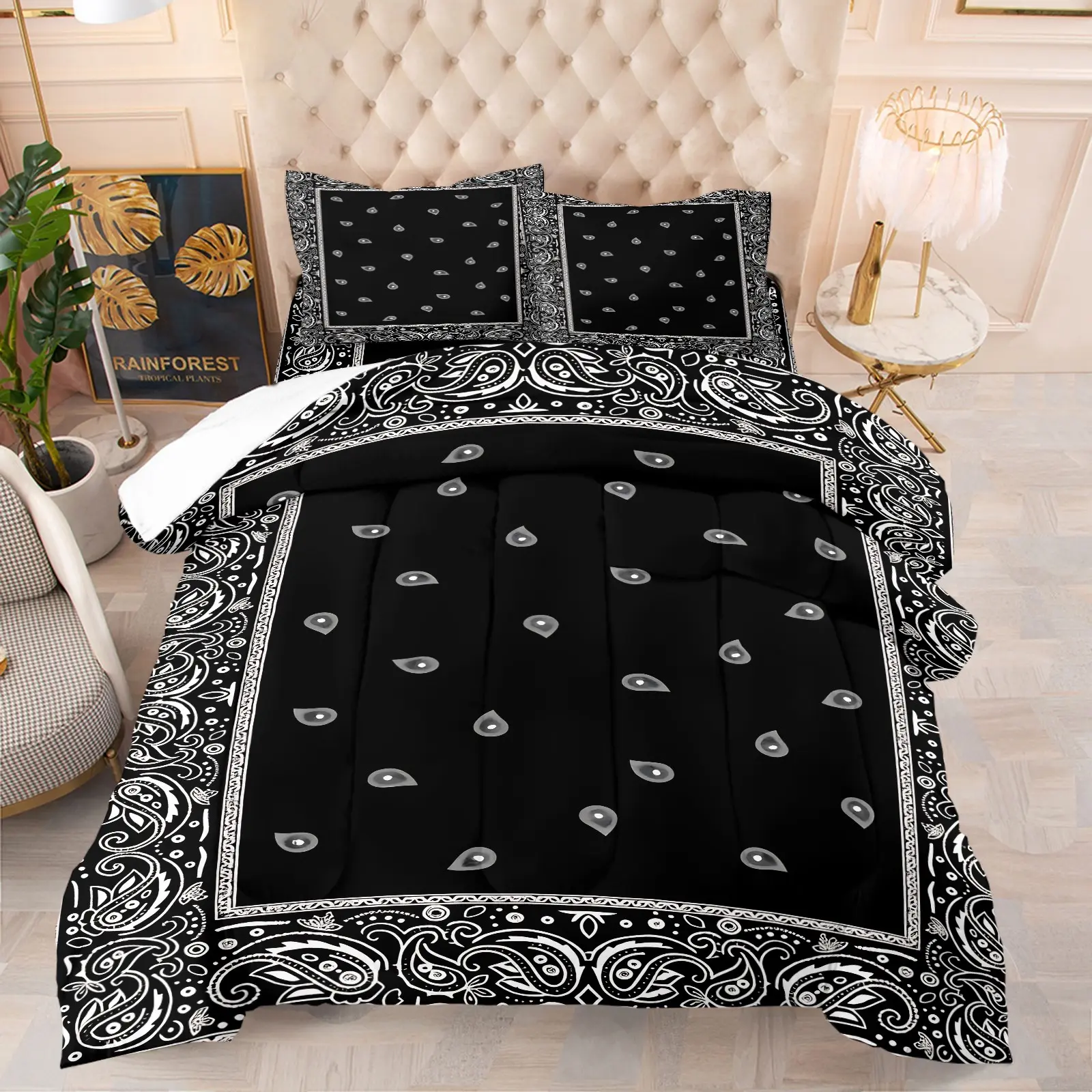 Classic Black-White Paisley Comforter Set, 1 Comforter & 1-2 Coreless Pillowcases, White Paisley Border Square Scarf Design, Soft Warm Bedding, American Retor Street Style Bedroom Decor, Gift Choice