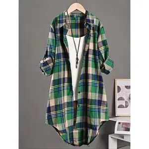 【Plus Size】 Plaid Print Button Front High Low Hem Shirt, Casual Long Sleeve Collared Top for Spring & Fall, Women's Clothes for Daily WearGift(Sheet)