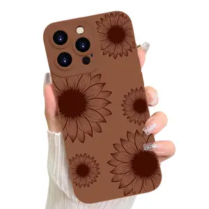 HAND&CRAFT Sunflower Floral Blooms Design Case for iPhone 14 15 16 Soft Silicone Protective Cover with Screen Protector for Women Girls Safety Protection Smartphone Black