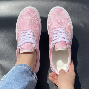 Spring/Autumn Plus Size Casual Skate Sneakers — Pink Silk Print Unisex Matching Trendy Canvas Shoes for Men and Women, Fashionable Men’s Large-Size Sneakers