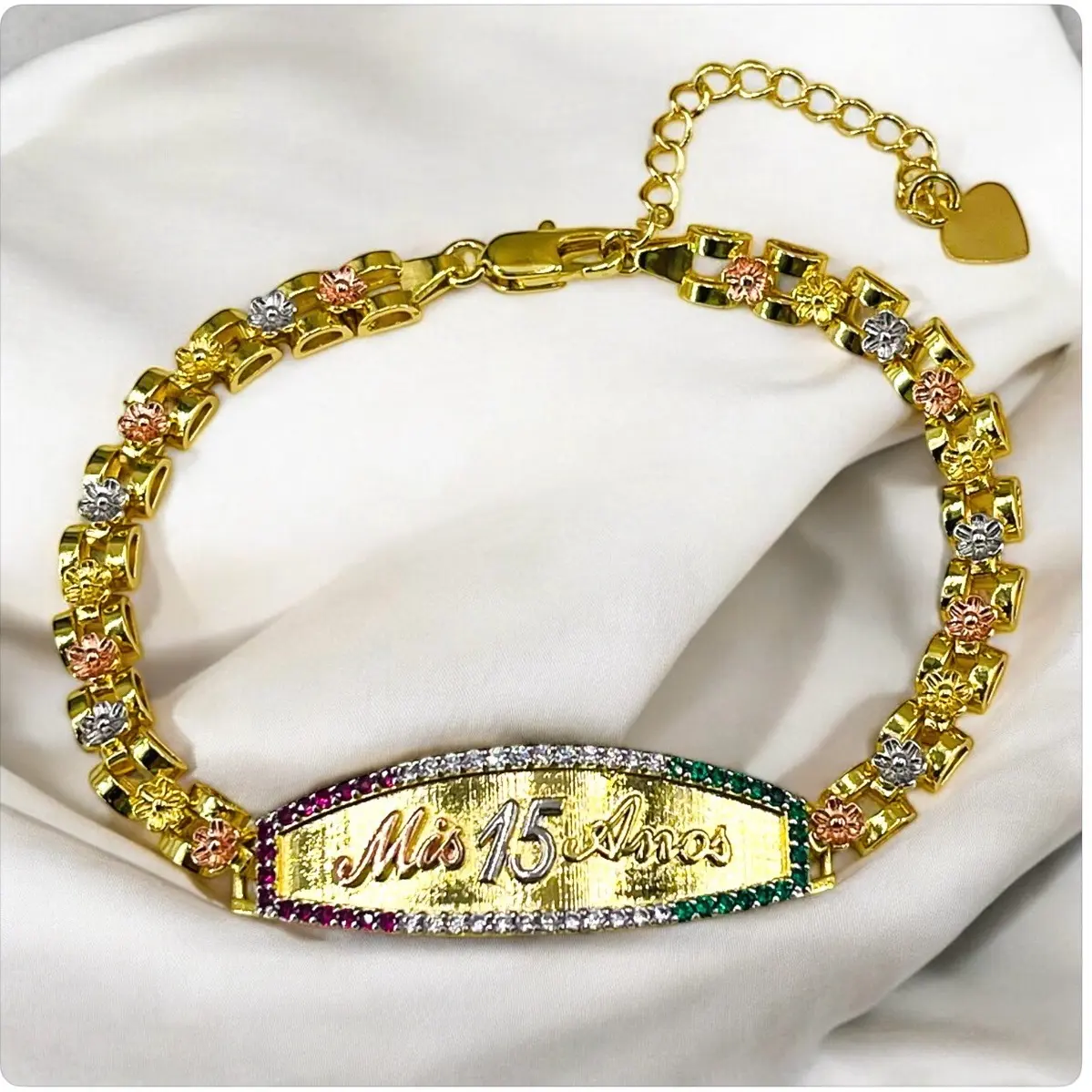 14k Gold Plated Quinceanera Bracelet - Fashionable Bracelet, Jewelry Accessory for Female Young Ladies, 7+2 Inches, Multi-Colored Cubic Zirconia Stones, 15-Year Celebration Piece