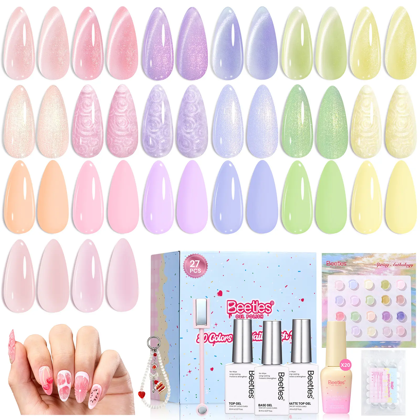 beetles Gel Polish Nail Art Kit with Spring Pastel, Fruit & Jelly Gel Colors, DIY Manicure Set with Top Coats & Tools, Birthday Gift for Friends, Nail Polish, Casual, Mint, Spring Pink, Women, Peach, Lavender, Berry, Nail Stickers