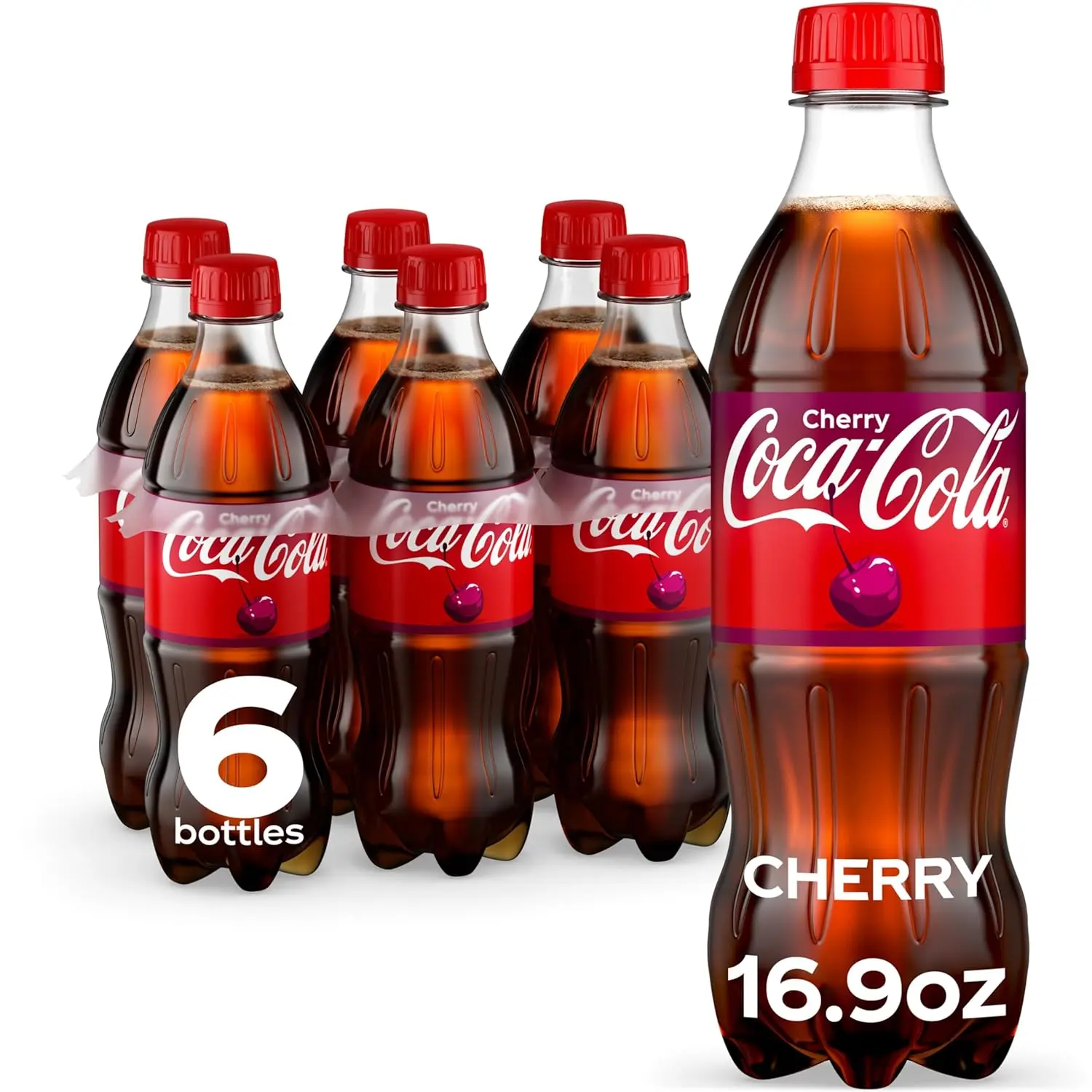 Coca-Cola Cherry Fizzy Drink, 16.9 fl oz, 6-Pack Cold Beverage, 48 mg Per Serving, Caramel Color, 101.4 fl oz Total, 101.4 Fluid Ounces