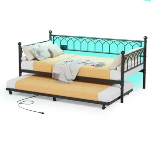 Garvee Twin Daybed with Trundle, Metal Trundle Bed with Charging Station & LED Lights, Sofa Bed Frame with 6 Locking Caster Wheels for Living Room, Guest Room, Apartment, Easily Assembly, Black