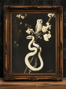 Vintage Owl and Snake Art Print - Dark Academia Aesthetic, Gothic Nature Wall Decor, Mysterious Animal Poster, Antique Black and White Print UNFRAMED