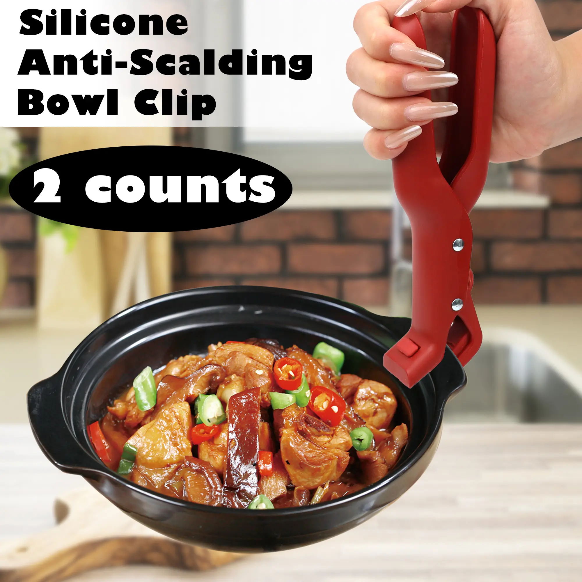 2-Count Kitchen Silicone Hot Plate Grippers - Durable Heat-Resistant Kitchen Utensils, Anti-Scald Bowl Clip with Tongs & Clasp Functions, Dishwasher-Safe Pan Holder for Home Use, Red & Green