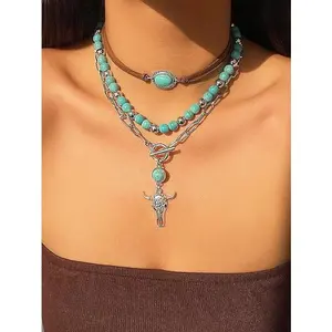 DearYou Studio B Layered Turquoise Beaded Western Necklaces for Women Vintage Western Jewelry Green Choker Country Concert Dresses Accessories