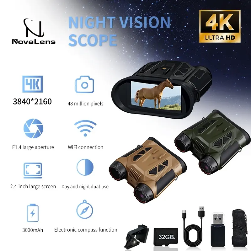 Novalens 4K Night Vision goggles with 2.4'' HD Screen, 7x Digital zoom, photo and video recording,  3000mAh Rechargeable battery with 32GB TF card, WiFi,altimeter, - Cool Tech Gift for Dad, Hunters & Outdoor Advemtures