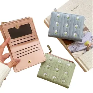 Women's Korean Style Wallets - Eastern Star Yellow Embroidered Floral Short Leather-Frame Luxury Coin Purse with Card Holder for Ita Bag, Outdoor Use