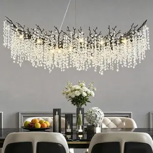 Modern black branch chandelier, suitable for dining room, kitchen island, living room foyer; 63inch Dimmable luxury rectangular snowflake crystal chandelier