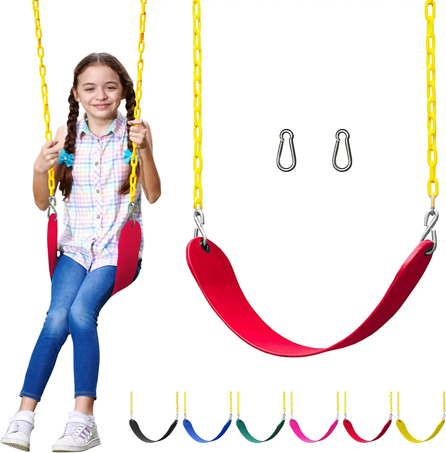 Jungle Gym Kingdom Outdoor Swing Seat Replacement - Pack of 1 Replacement Swings for Swingsets for outside with Plastic Coated Chains and 2 Hooks, Playground Accessories, Red
