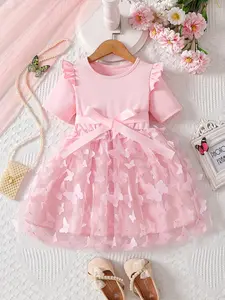 Girls' Sweetheart Butterfly Princess Dress, Butterfly Print Dress, Elegant Mesh Skirt, Summer Holiday Style, Slim-Fitting Clothing