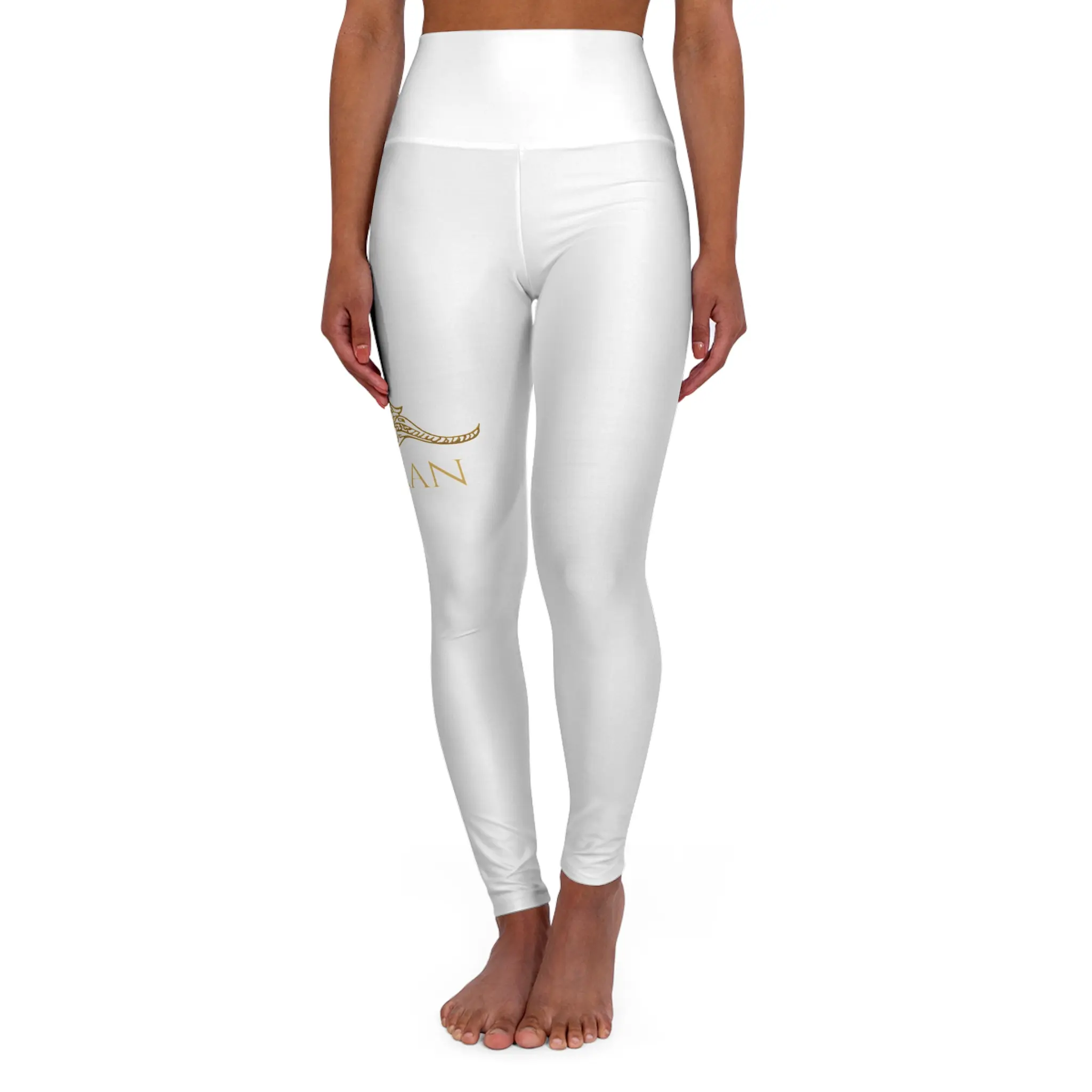 Kukulkan Gold Floral Logo Leggings High Waisted Yoga Leggings | White & Gold AOP