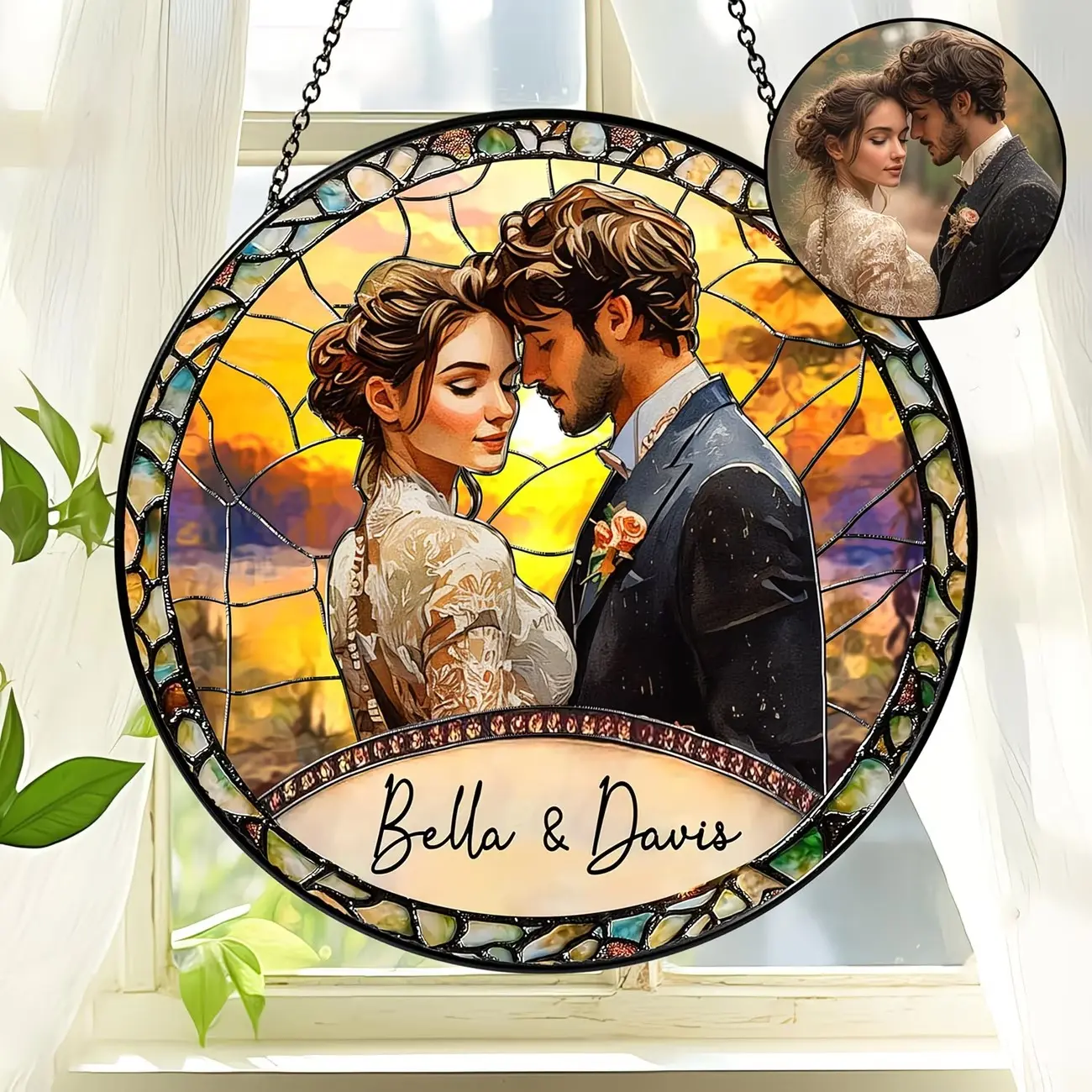 2D Flat Custom Photo Stained Glass Couple Suncatcher - Stained Glass Hanging Decor, Personalized Couple Gifts, Anniversary Window Decor for Spouse, Balcony Hanging Ready to Hang