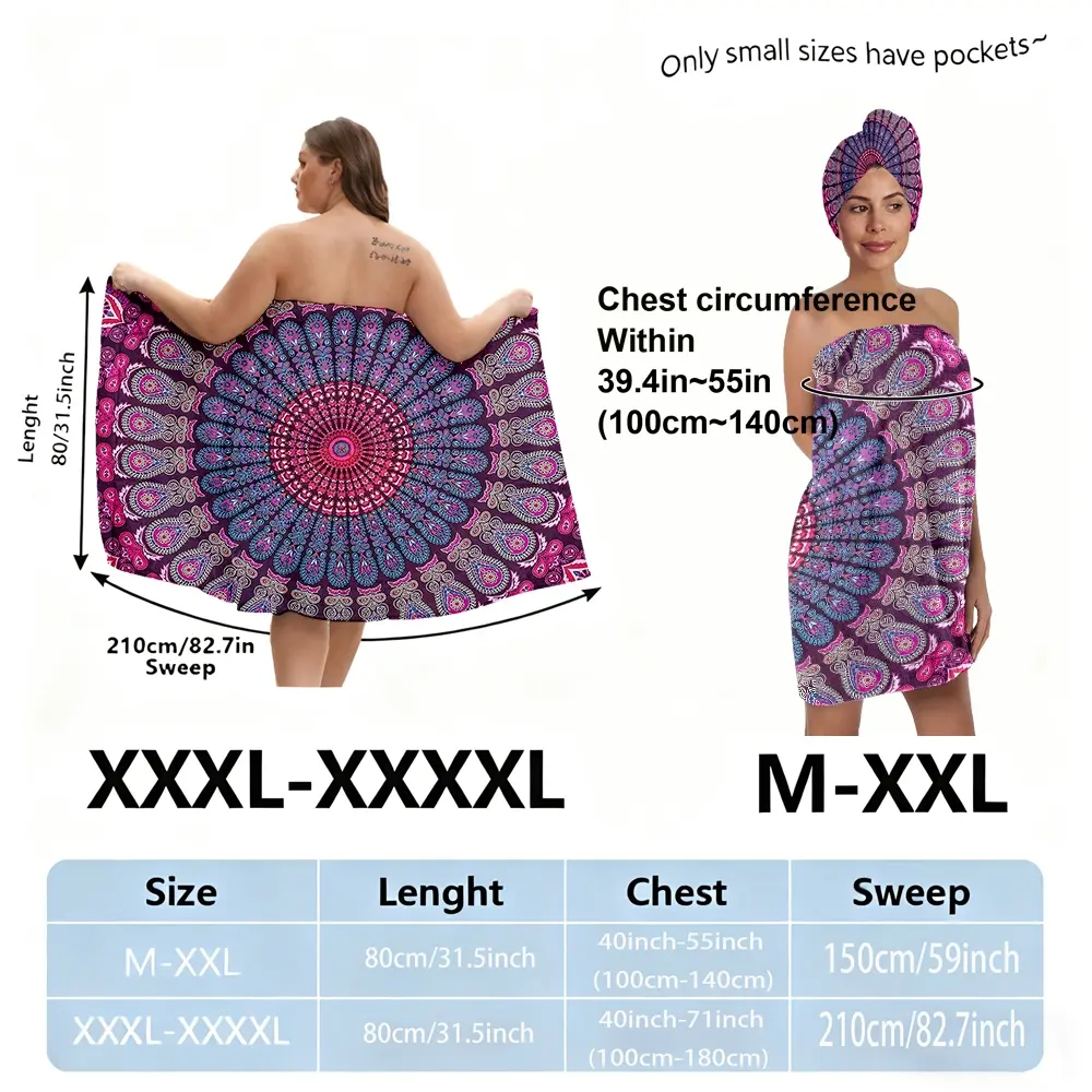 XXXXL plus-size bathrobe set, vintage mandala print series, suitable for women, ideal for use after bathing, at the spa, or by the pool as an absorbent hair wrap. A must-have for home or travel.