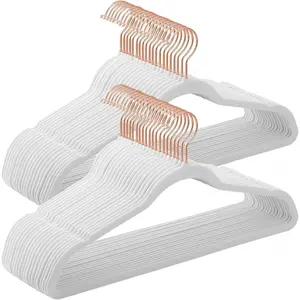 Velvet Hangers 50 Pack, Non-Slip With Rose Gold-Colored Swivel Hooks, Slim Space-Saving for Closet, Heavy-Duty, White UCRF026W03
