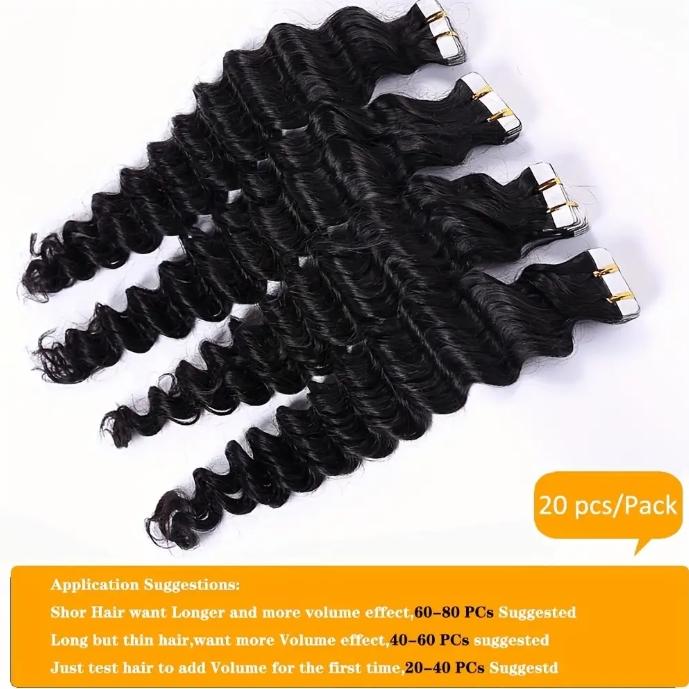 Human Hair Tape in Extensions for Women, Natural Black Remy Deep Wave 12-28 Inch, Seamless Double Weft Glue-In, Middle Eastern Collection 20pcs 30g, Suitable for All Ethnicities