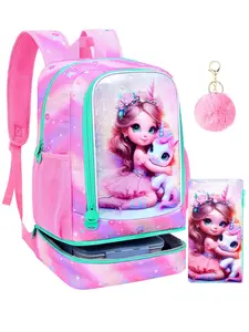Girls 2pcs Unicorn Princess Backpack Set, Kids School Bookbag with Pencil Case & Pompom Charm, Preppy Style, All Seasons