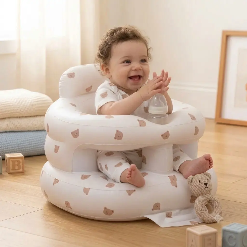 Inflatable Baby Floor Chair with Safety Guardrail, Hands-Free Ergonomic Infant Seat for Sitting Learning, Portable for Home & Travel