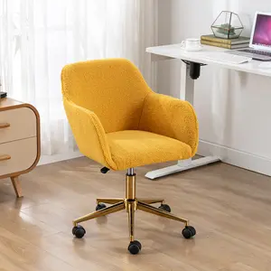 Cute Vanity Chair with Back for Makeup Room,Fabric Desk Chair for Bedroom,Adjustable Height,360°Swivel Home Office Chair for Teens,Adults (Teddy+Yellow)