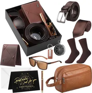 12-Piece Men's Gift Set with Box - Wallet, Toiletry Bag, Tie, Socks, Belt, Keychain, Sunglasses, Pen, Compass, Greeting Card, and Gift Bag