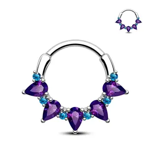 HERVAY 16G Merry Christmas Hinged Septum Helix Daith Tragus Ring 8MM/10MM Dazzling Pink Blue White Purple CZ Gorgeous Segment Piercing Jewelry for Women Men