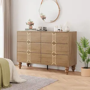 Vintage Style 6-Drawer Dresser Modern Oak and Gold Chest with Deep Storage for Bedroom, Living Room and Entryway