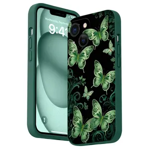 Dark Green Butterfly Pattern Straight Edge Phone Case for iPhone 16 15 14 Pro Max 13 12 11 XR XS Plus Shockproof Full Camera Protective Durable slim Silicone Cover Cellphone Protective