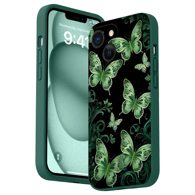 Dark Green Butterfly Pattern Straight Edge Phone Case for iPhone 16 15 14 Pro Max 13 12 11 XR XS Plus Shockproof Full Camera Protective Durable slim Silicone Cover Cellphone Protective