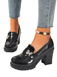 Water Drill Bow Heeled Loafers, Crocodile Pattern Bright Leather Thick Sole Height Increase Shoes, British Style High Heel Small Boots Large Size