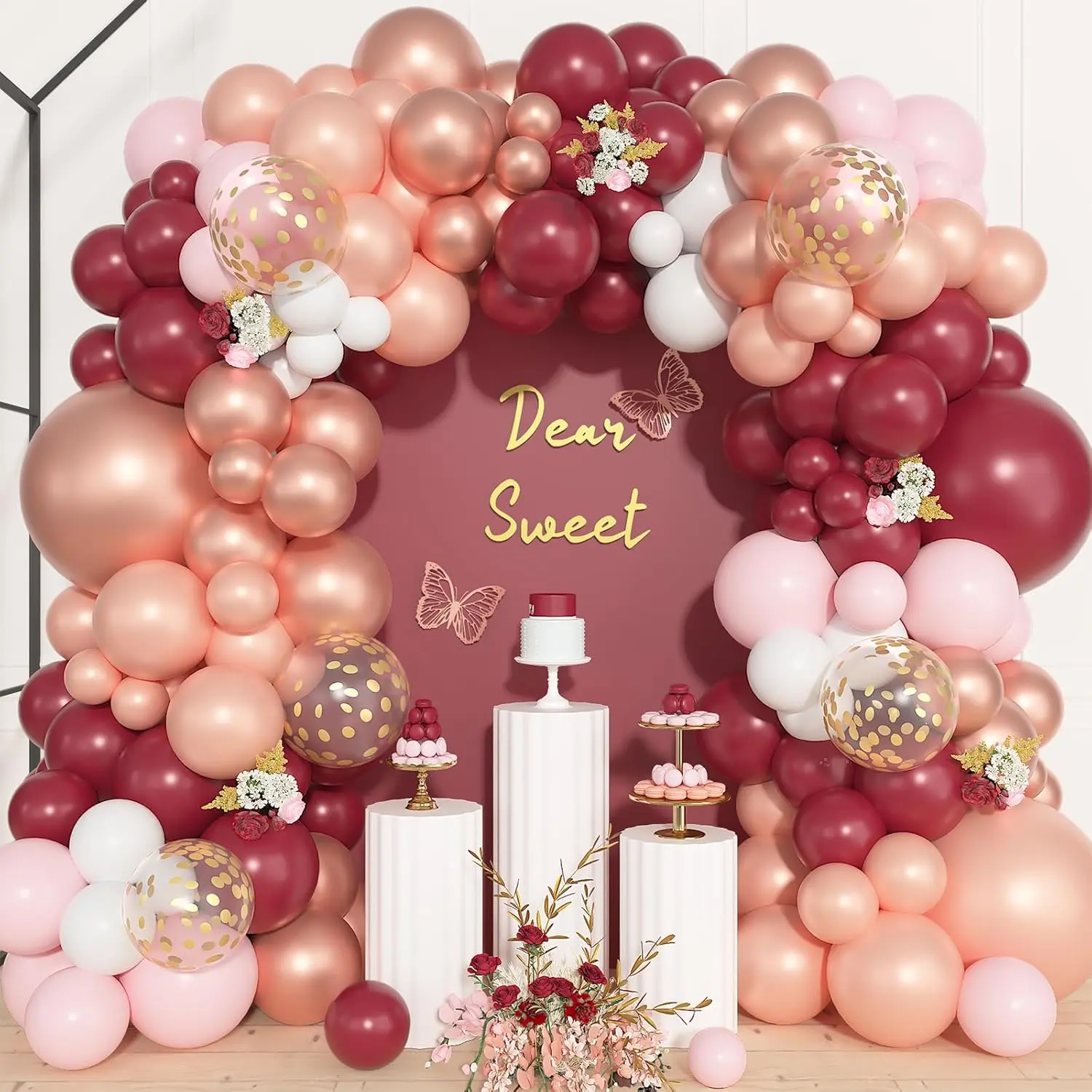 157-Piece Floral Burgundy Rose Gold Balloon Garland Arch Kit - Pink White Metallic Pearl Confetti Balloons, Flowers, Glue for Women's Valentine's Day Arch Shape Party Space Decor, Balloon Decor, Pink Confetti