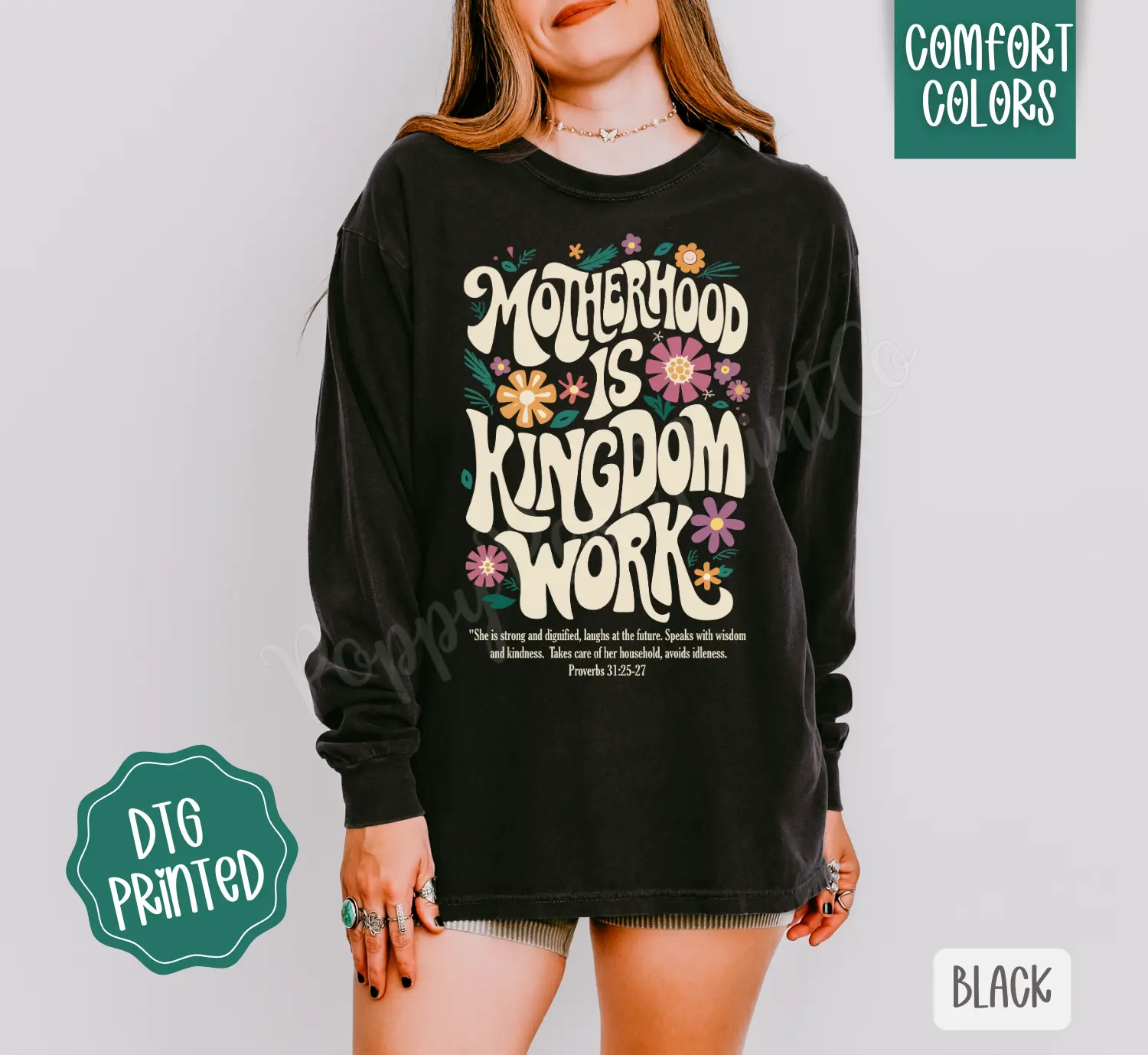 Motherhood Is Kingdom Work Comfort Colors Long Sleeve T-Shirt, Cute Women's Religious Tee