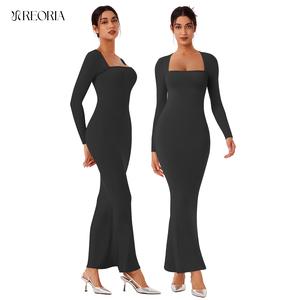 REORIA Women's Chic Black Square Neck Long Sleeve Bodycon Maxi Dress Autumn Casual Ribbed Soft Lounge Dresses Women's Wear Elegant Machine Washable Basic Minimalist Style
