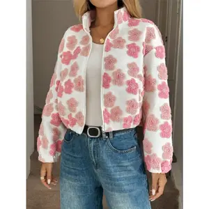 Women’s plush long-sleeve zip-front jacket, warm textured woven fabric, floral design, fall/winter fashion, casual fitted style