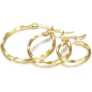FINREZIO 3Pairs Stainless Steel Small Hoop Earrings Set Twisted Gold for Women 15-25mm Daily men's earrings earring stack non tarnish jewelry goth accessories earring stacking set funky jewelry