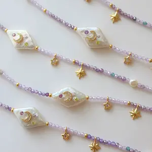 Natural Baroque Moon Star Purple Beaded Chain Inlaid Zircon Crab Whale Pendant Women's Necklace Pearl Embellished