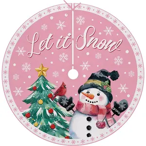 48 Inches Pink Lace-up Christmas Tree Skirt Let It Snow Snowflake Xmas Winter Holiday Cardinal Party Indoor Home Decoration