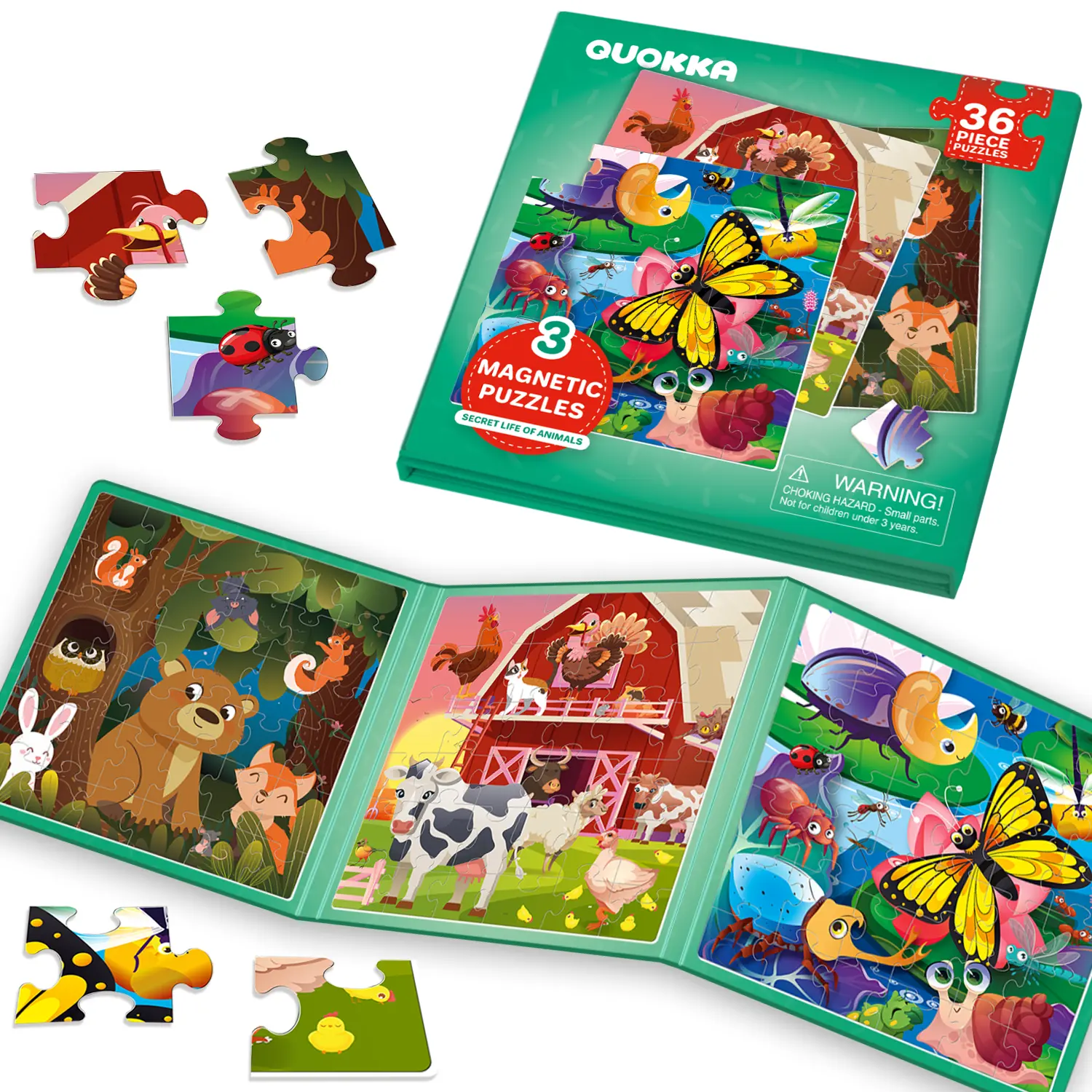 QUOKKA Magnetic Toddler Puzzles Set - 36-Piece Insects & Animals Magnetic Puzzle Blocks, Travel Toy for Kids Ages 4-6, Puzzles For Toddlers