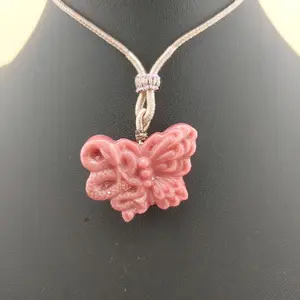 Pink Snake/Butterfly Necklace - Pink Butterfly Pendant on String Necklace .