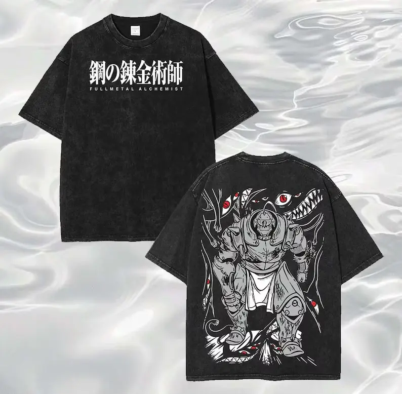 Streetwear Style Black Washed Fullmetal Alchemist Alphonse Elric Graphic T Shirt for Men Dark Monster Background Print Short Sleeve Crewneck Cotton Tee Trendy Casual Top for FMA Fans and Daily Activities