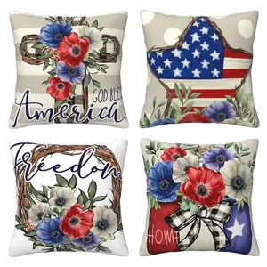 July 4th Decorative Pillow Cover, Poldian Star Spangled Banner Cross Blessing American Flower Jar Pillow, Patriotic Pillow Independence Day Decorative Cushion Cover, 4-piece Set with Double sided Printing