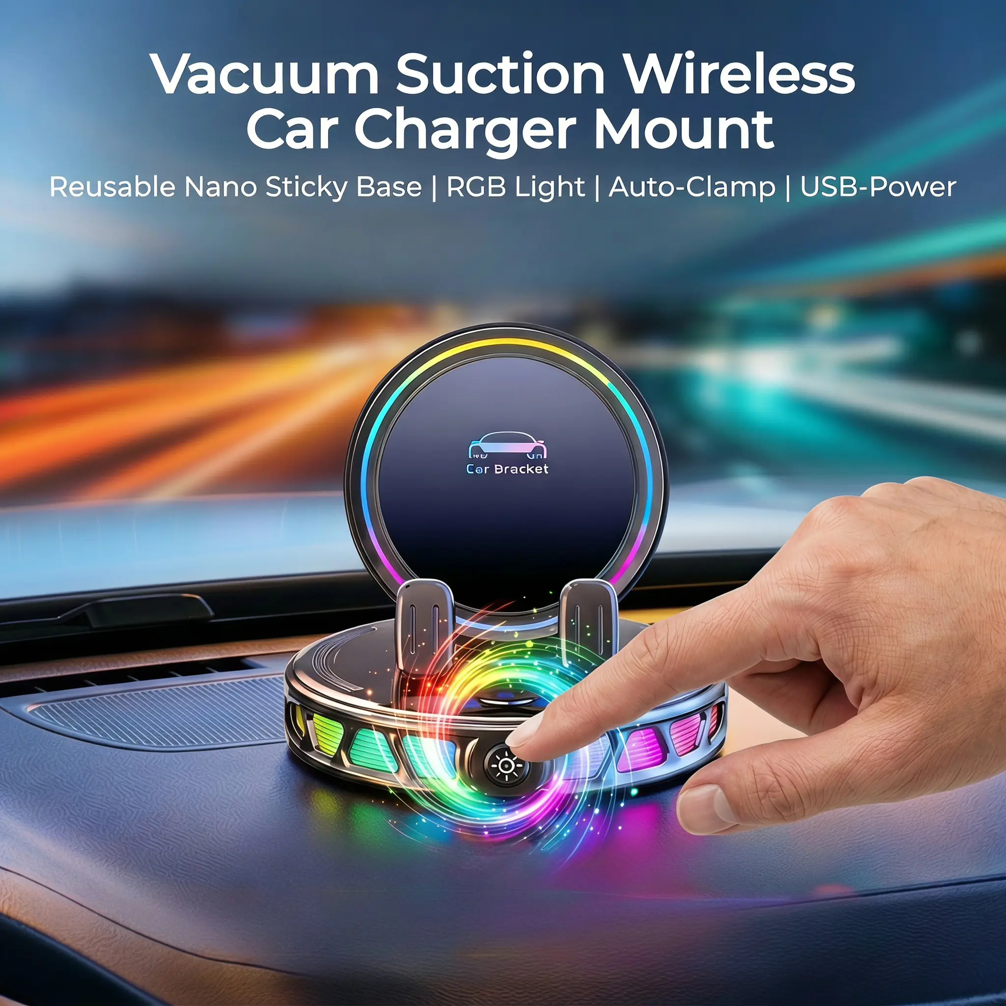 360° Rotatable Holder with RGB Light,Wireless Charging Car Phone Mount,  USB Powered, Auto-Lock & Strong Vacuum Suction for Windshield & Dashboard-YY