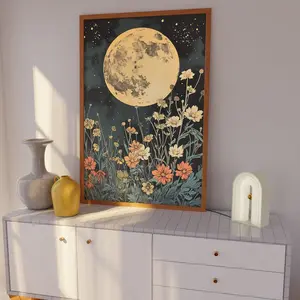 Moon And Flowers Art Print: Vintage Celestial Cottagecore Decor, Room Decor, Unframed
