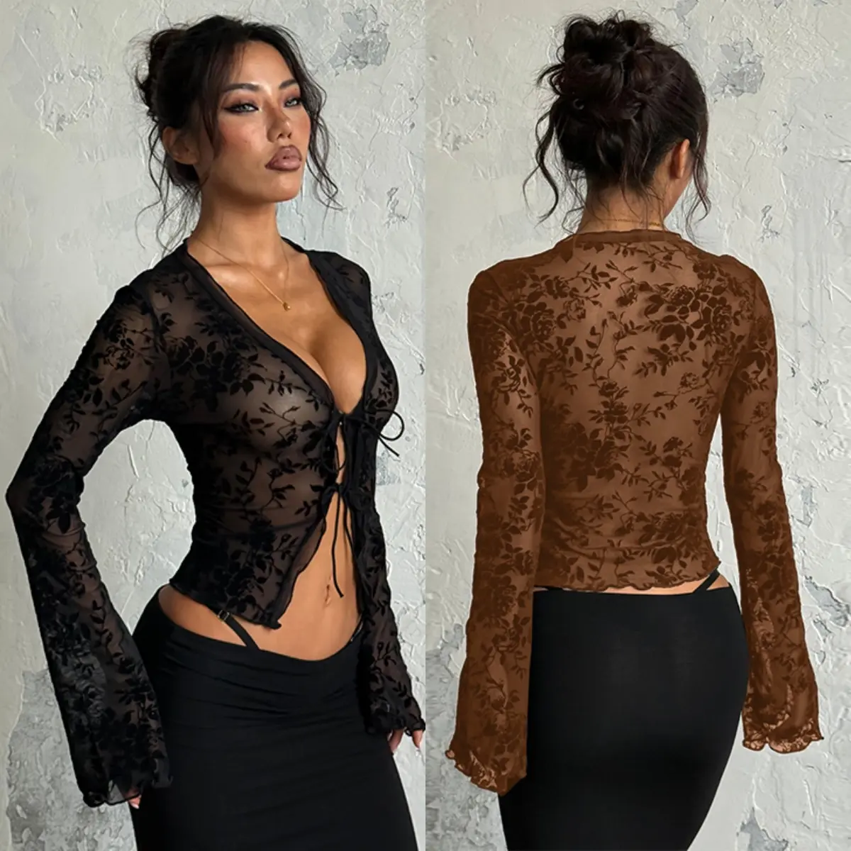 YL24467PFO Flock Printing Mesh Sheer Cropped Blouse - Long Sleeves, Flare Sleeves, Tie Front Basic Minimalist Lady Shirts, Beach Cover-Up Cardigan Top, Cropped Top, Minimal Chic