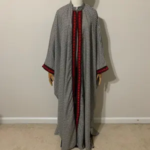 Oversized Houndstooth / Keffiyeh-Like Pattern with Red Traditional Embroidery Abaya Dress