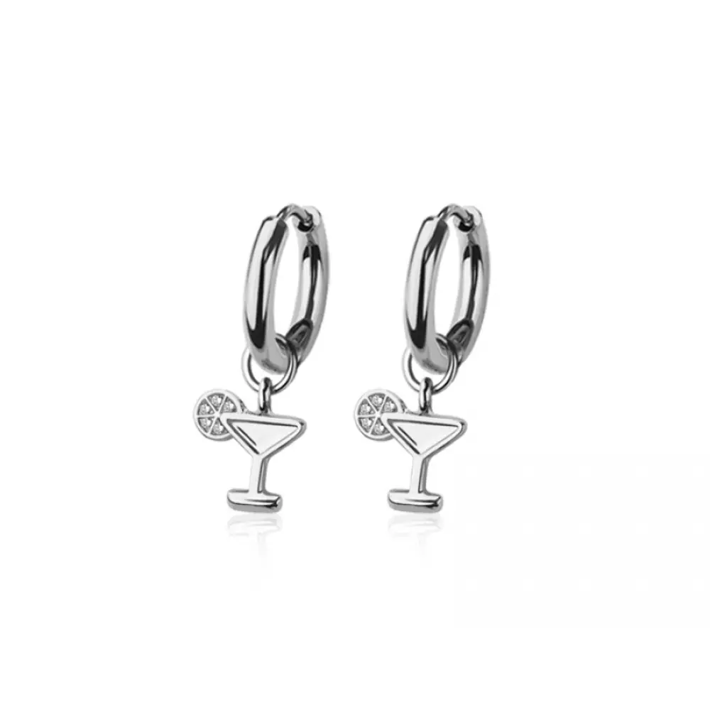 CZ Crystal Martini Drink Dangling Huggie Hoop Earrings - Pair - 316L Stainless Steel