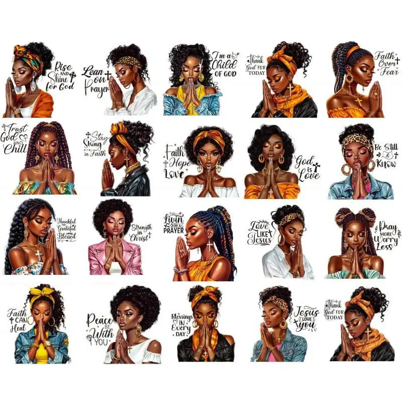 Black Women UV DTF Stickers - Customizable Stickers 20 Sheets Christian Faith Uvdtf Tumbler Wraps for 16 oz Glass Water Bottle, African American Girl Praying Transfer Sticker Decals DIY Mug Cup Stickers Bumper Diary Creative Decoration Graphic Decal
